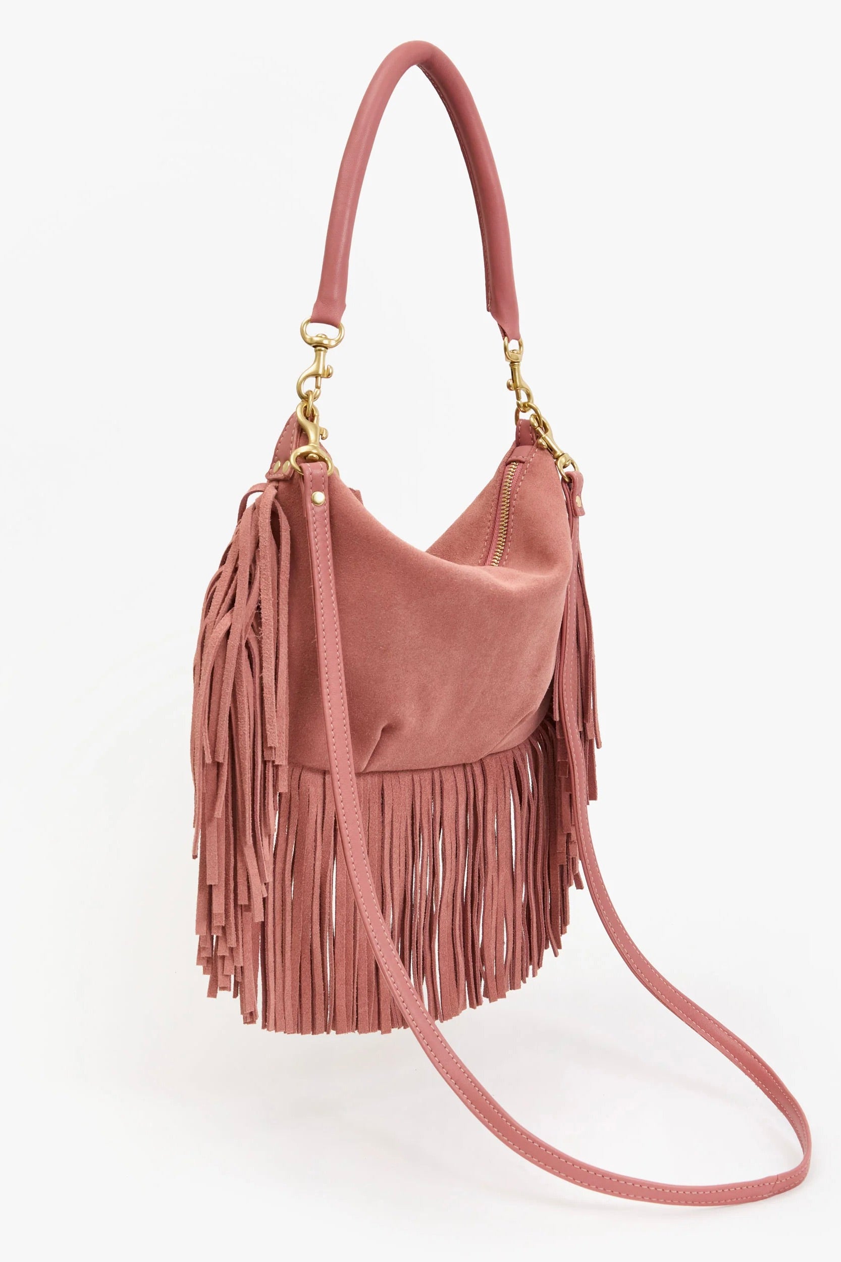 Clare V. Petit Moyen Messenger / Rose Clay Suede Fringe