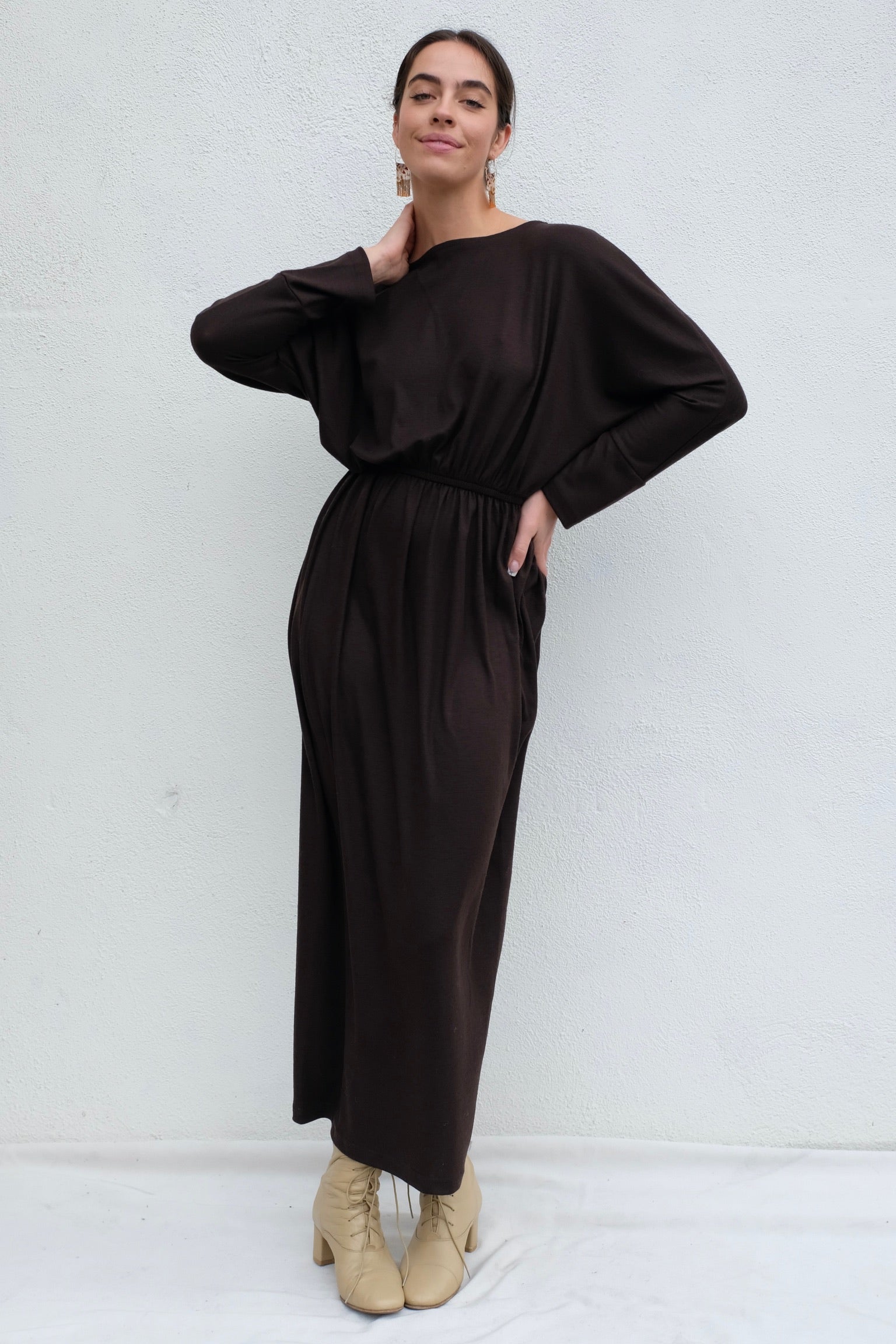 Black Crane Wool Dress / Cacao