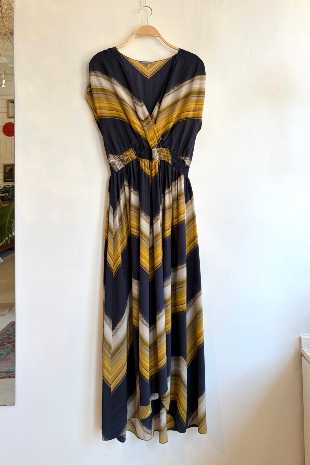 Pre-Loved Currer Bell / Silk Navy &amp; Yellow Stripe Dress / Sz 6