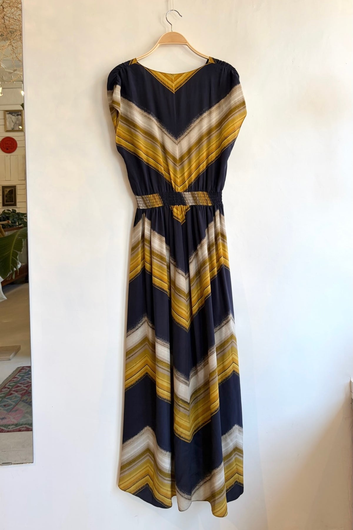 Pre-Loved Currer Bell / Silk Navy &amp; Yellow Stripe Dress / Sz 6