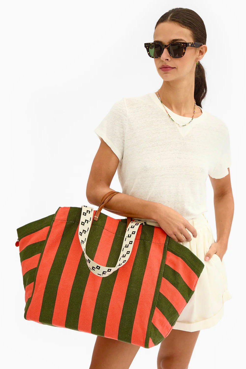 La Côte Tote / Army + Bright Poppy Canvas Stripe