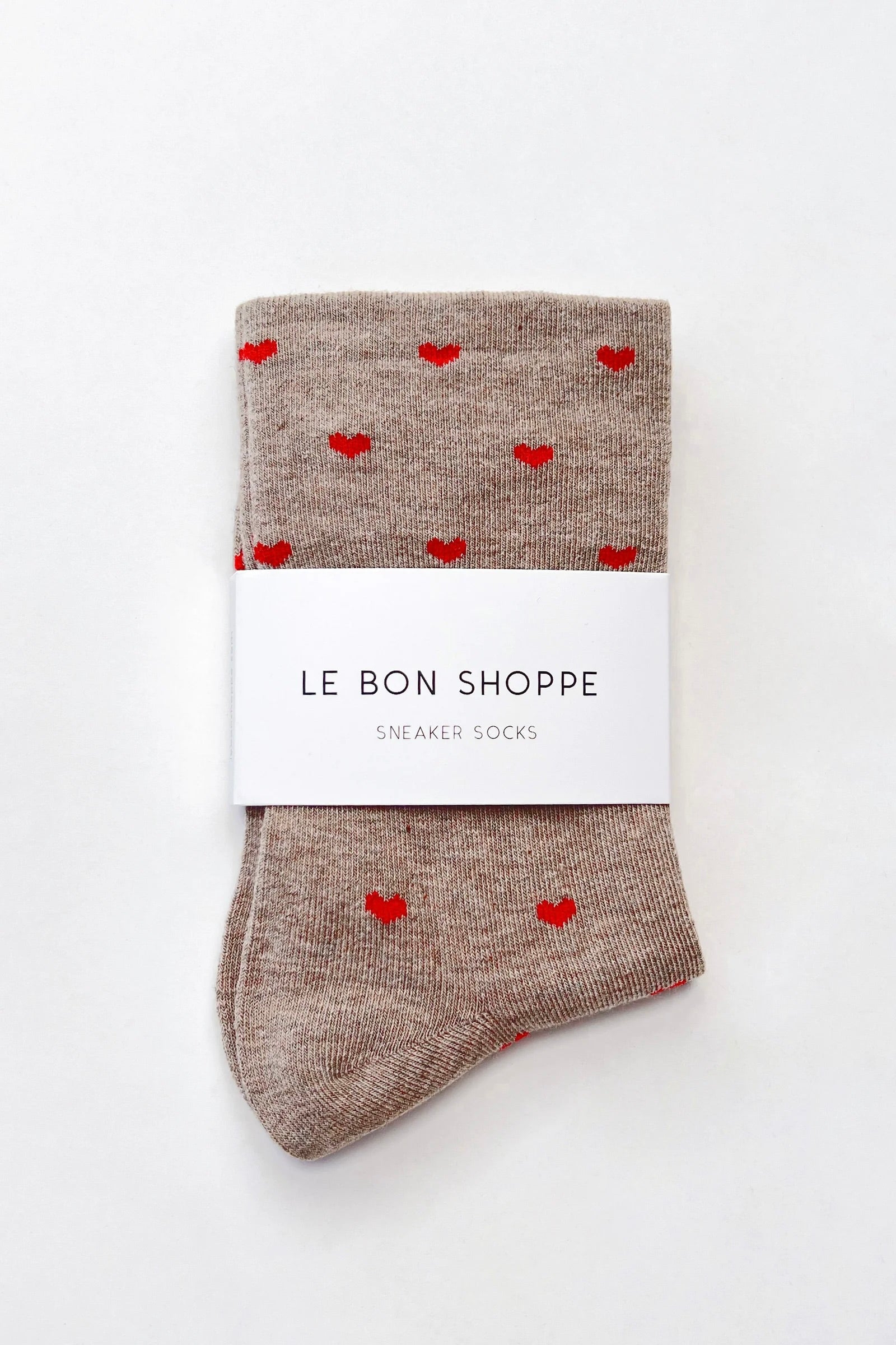 Patterned Sneaker Sock / Latte + Red Hearts