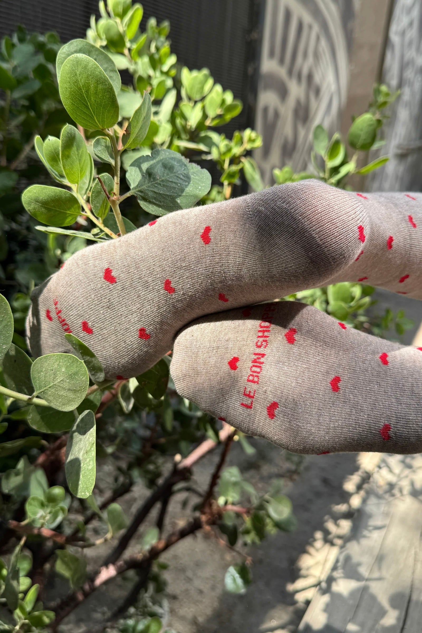 Patterned Sneaker Sock / Latte + Red Hearts