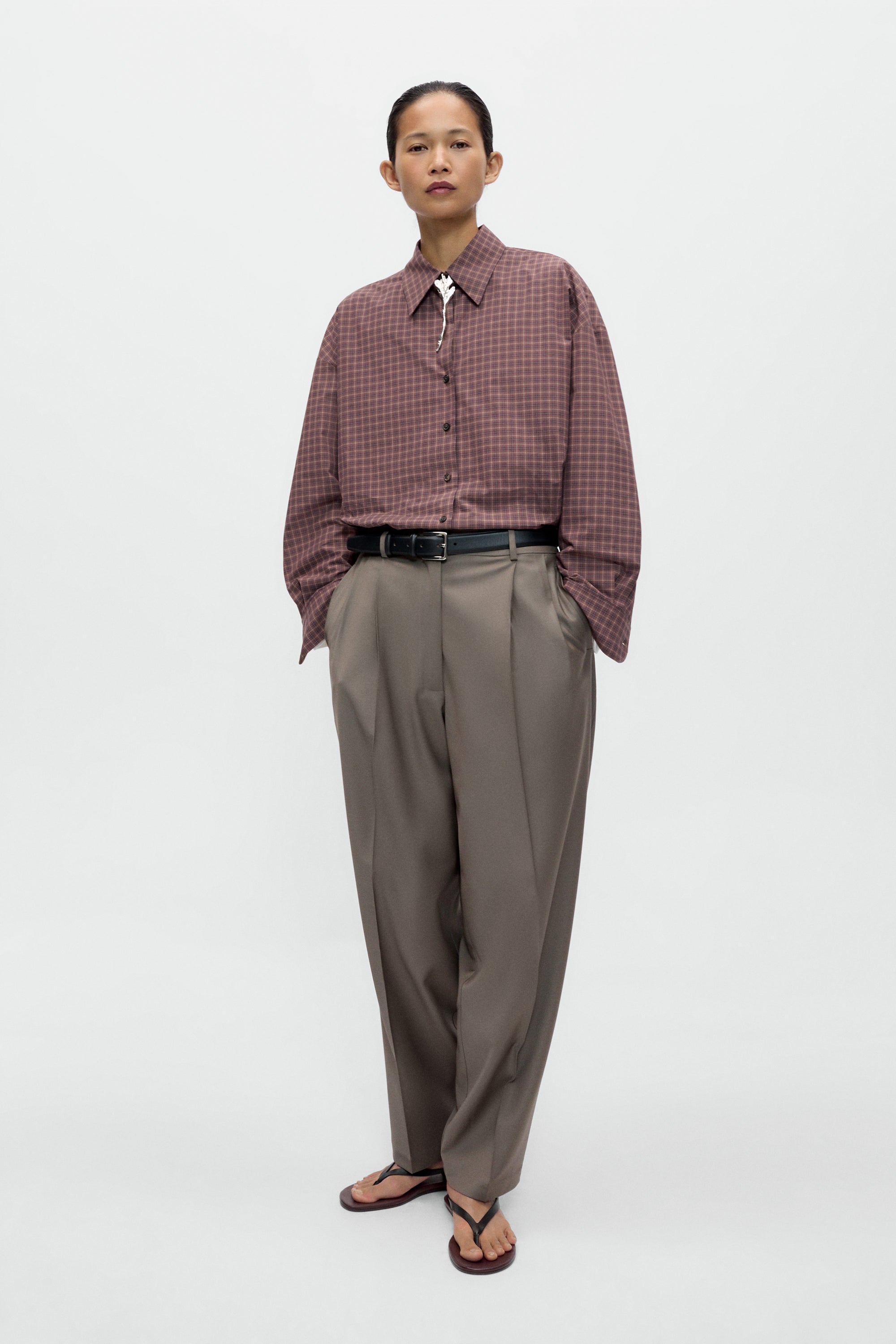 Checked Oversized Shirt / Brown Navy