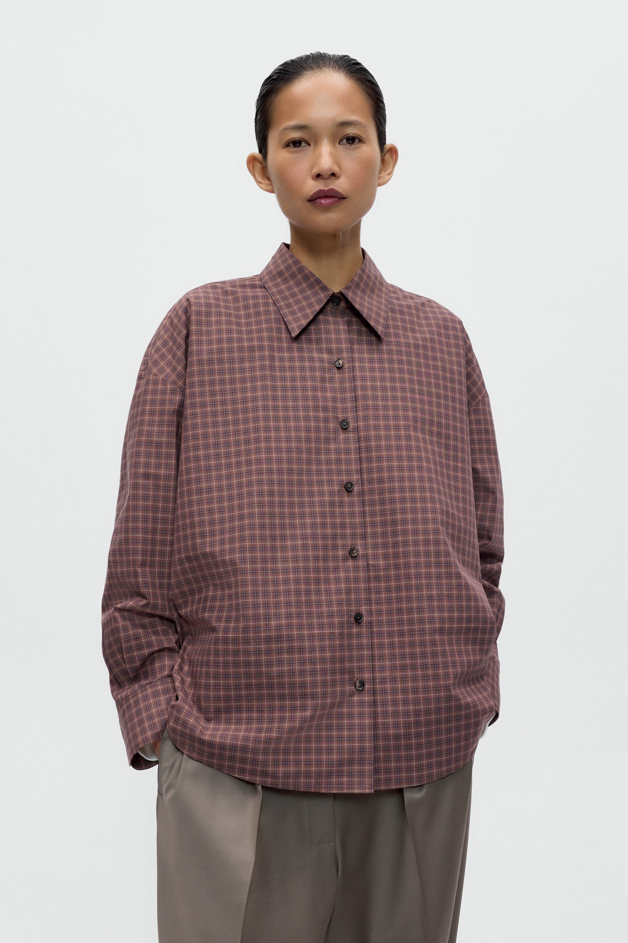 Checked Oversized Shirt / Brown Navy