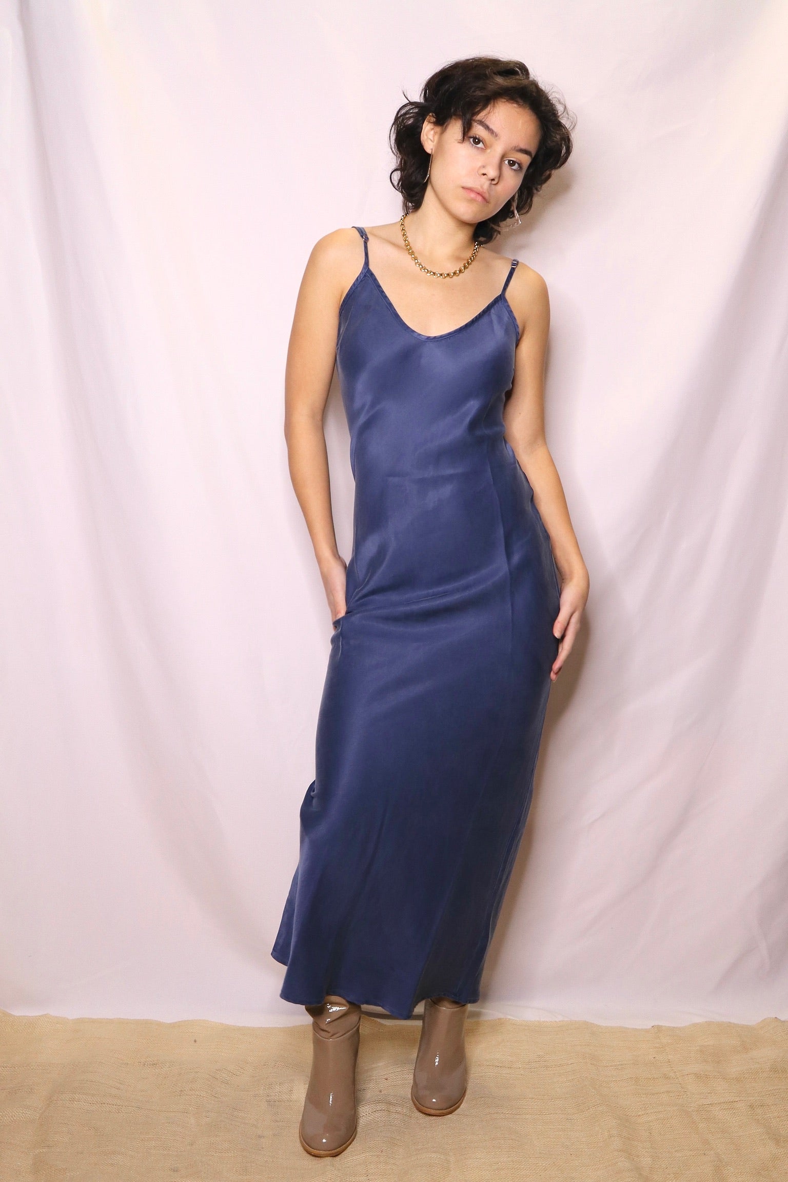 Blue silk slip dress hotsell